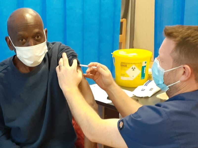 Edward Grier getting his Covid-19 vaccination at The Nelson Health Centre in South Wimbledon.